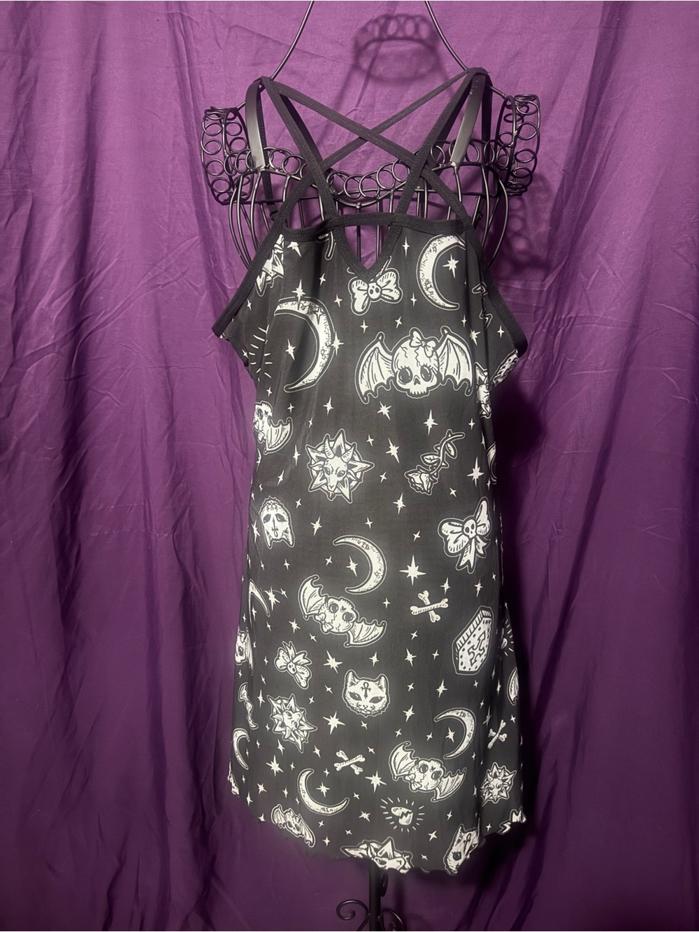 Black Gothic Moon & Bat Print Strappy Slip Dress
